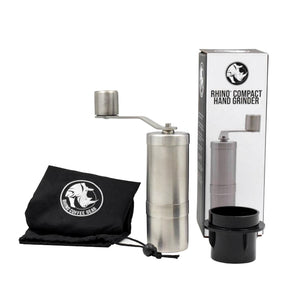 metallic silver hand coffee grinder with black bag holder and box