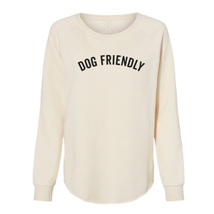 white pullover sweatshirt with dog friendly text