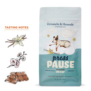 12 ounce press pause decaf vanilla coffee bag with dog in the clouds design