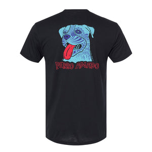 black t-shirt with Perro Amado dog design on back in blue