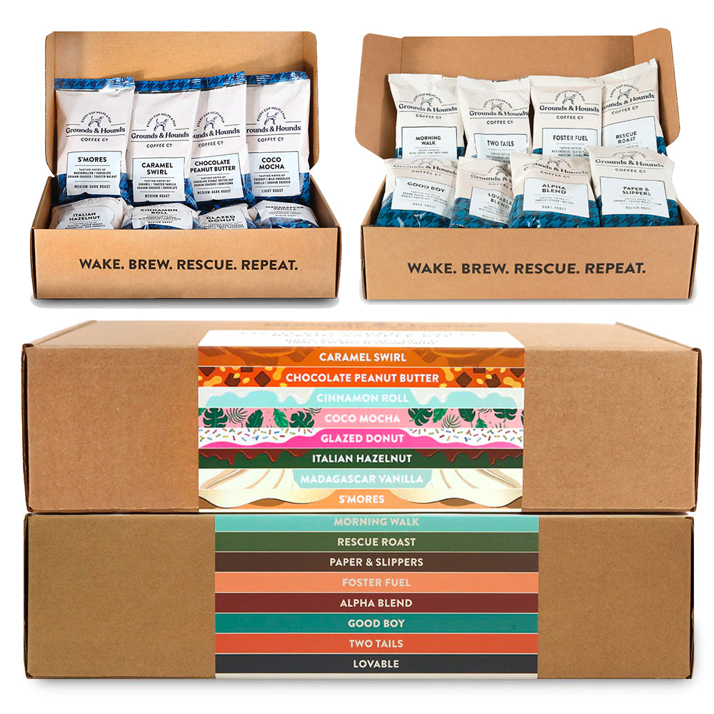 four boxes with samples of coffee