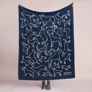 Navy blanket with dog outline design and the word rescue