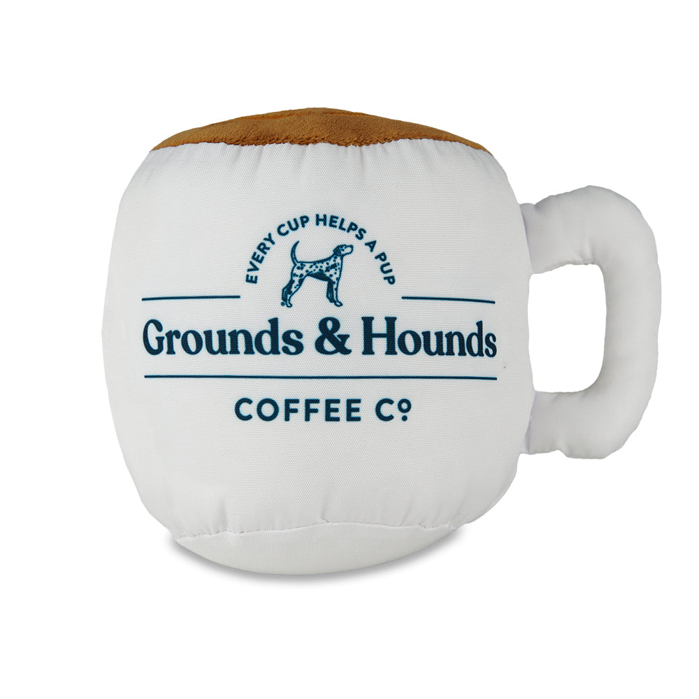 plush coffee mug dog toy with Grounds and Hounds logo