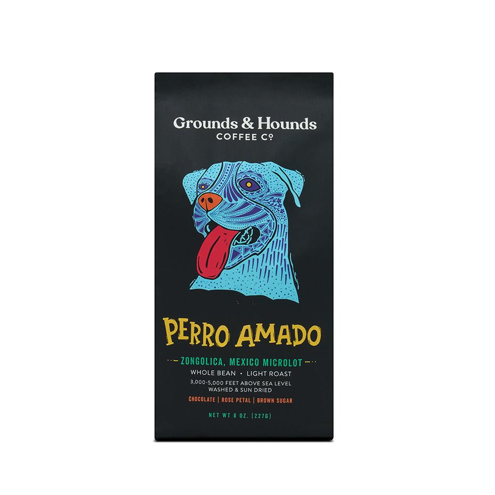 perro amado 8 ounce black coffee bag with blue dog design 