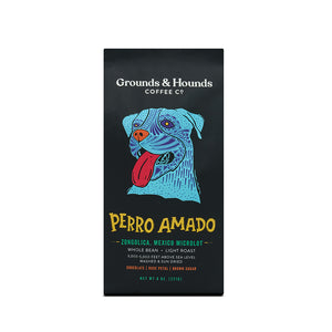 perro amado 8 ounce black coffee bag with blue dog design 