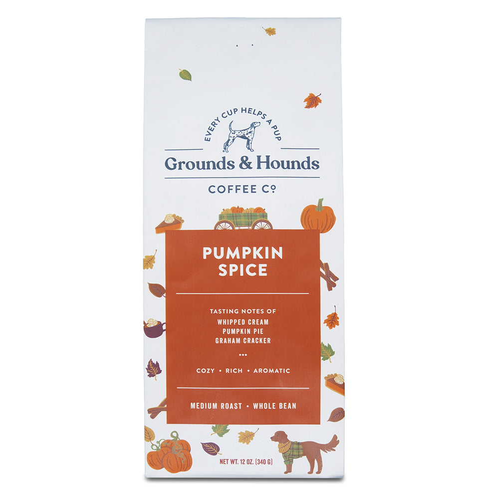 12 ounce coffee bag with pumpkin spice design in orange and white