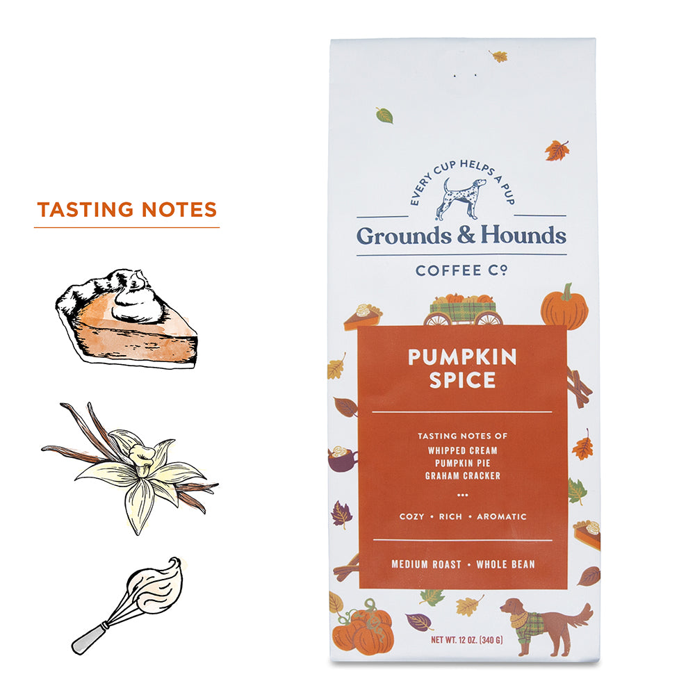 12 ounce coffee bag with pumpkin spice design in orange and white