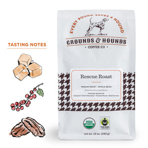12 ounce Rescue Roast medium roast coffee bag with houndstooth print