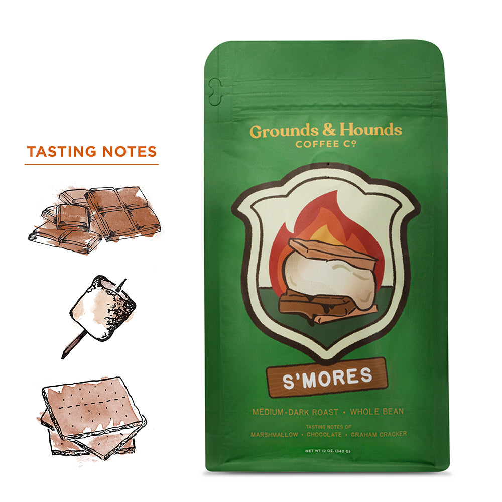 Green 12 ounce coffee bag with s'mores design in campfire