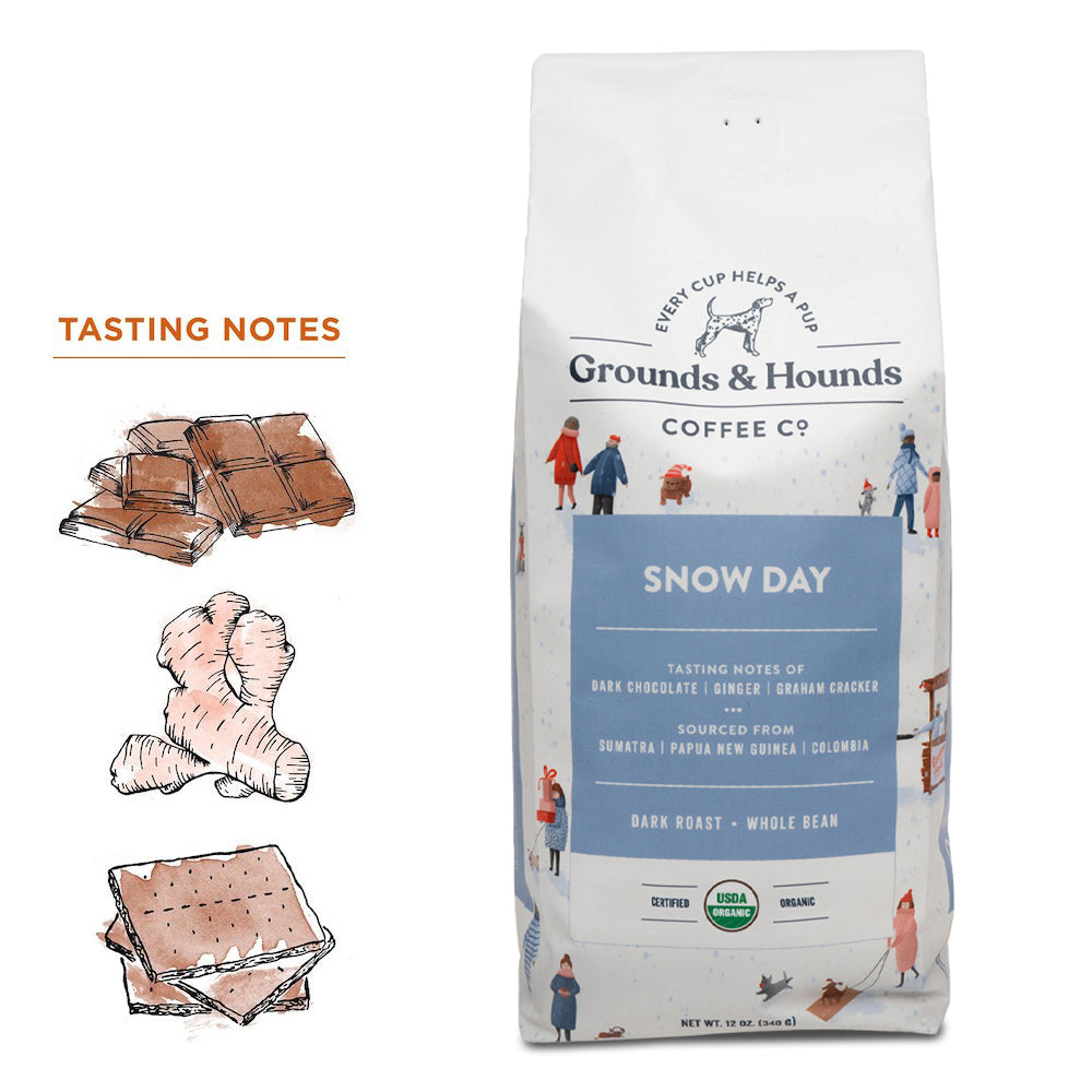 12 ounce bag of Snow day dark roast coffee with white and blue color design