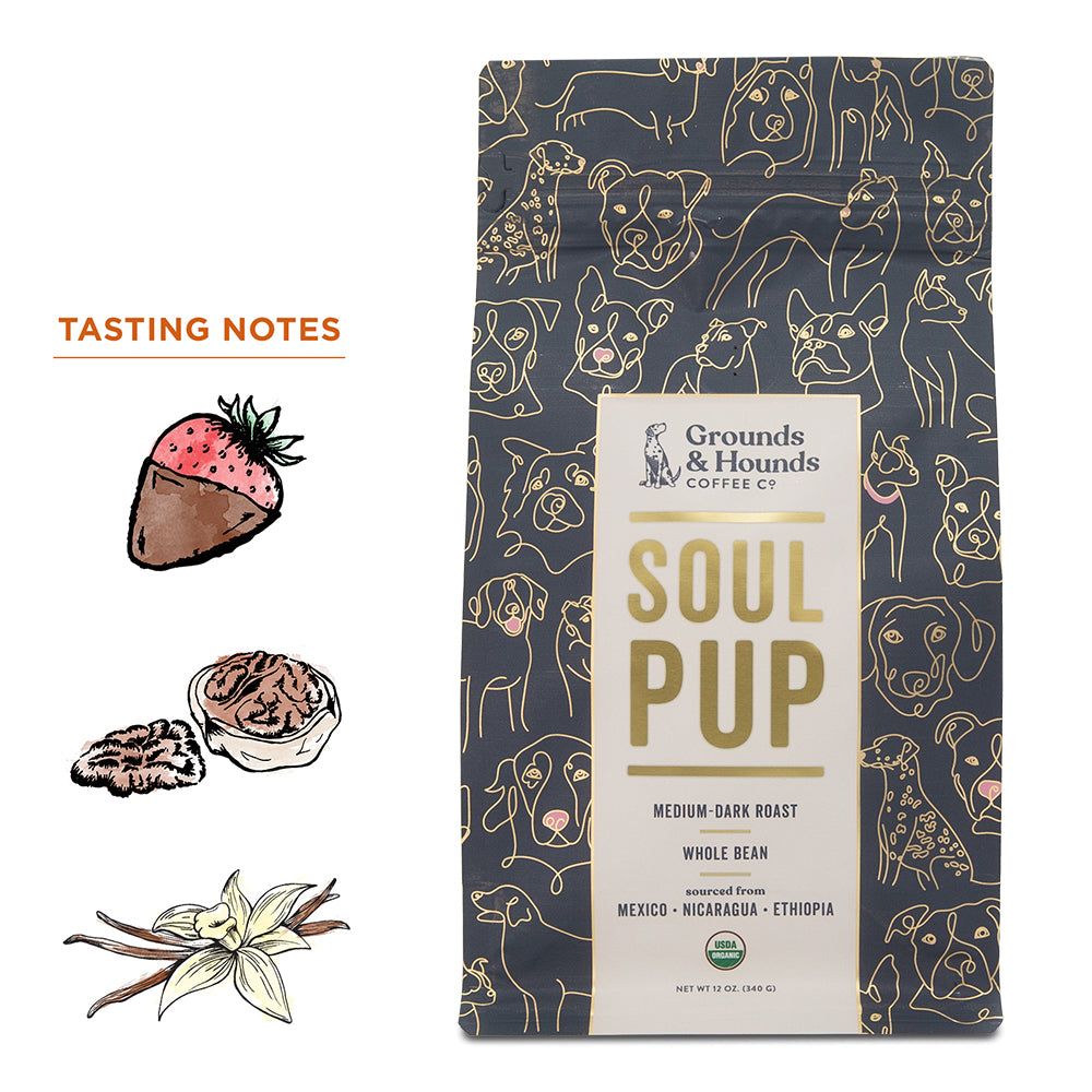 12 ounce bag of Soul Pup medium-dark roast coffee with blue and gold design