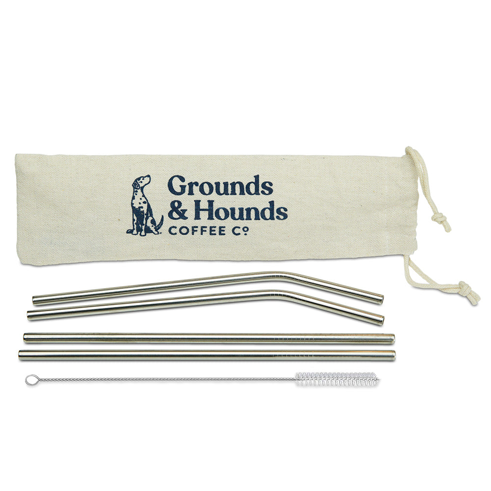 four reusable straws with cleaner and bag holder