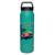 Turquoise water bottle with black screw on lid and dog design
