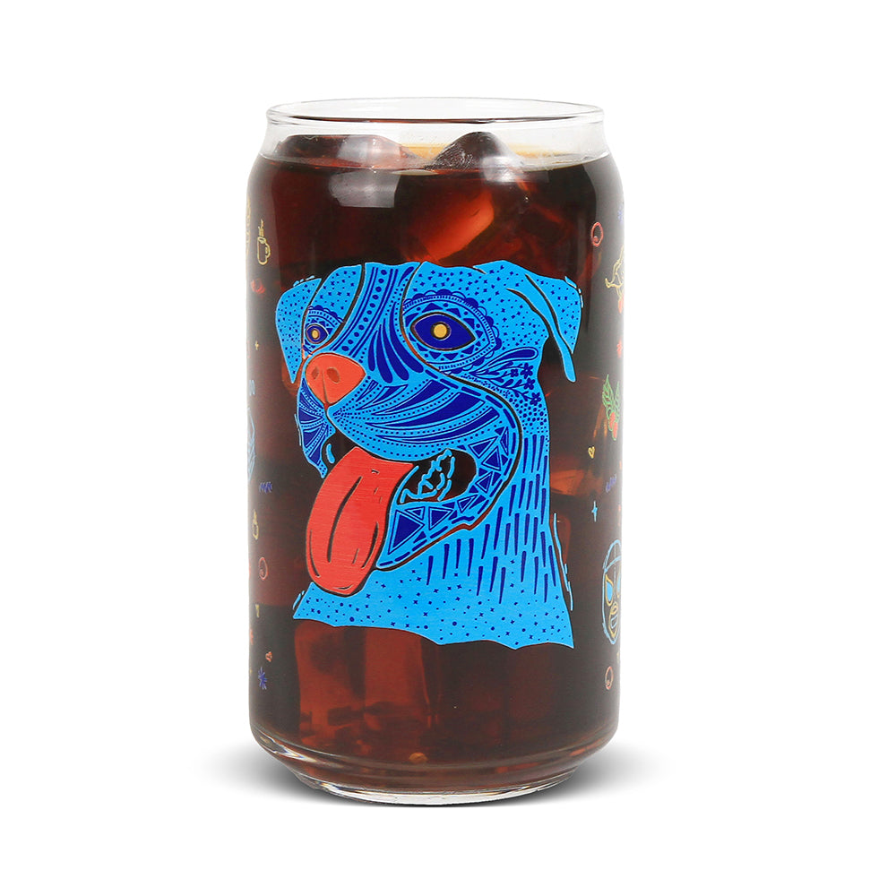 perro amado cold brew glass with blue dog design 