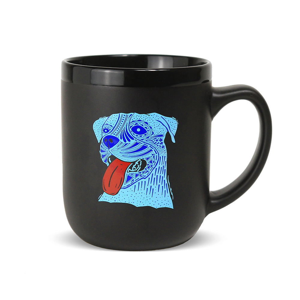 black matte mug with blue dog design 