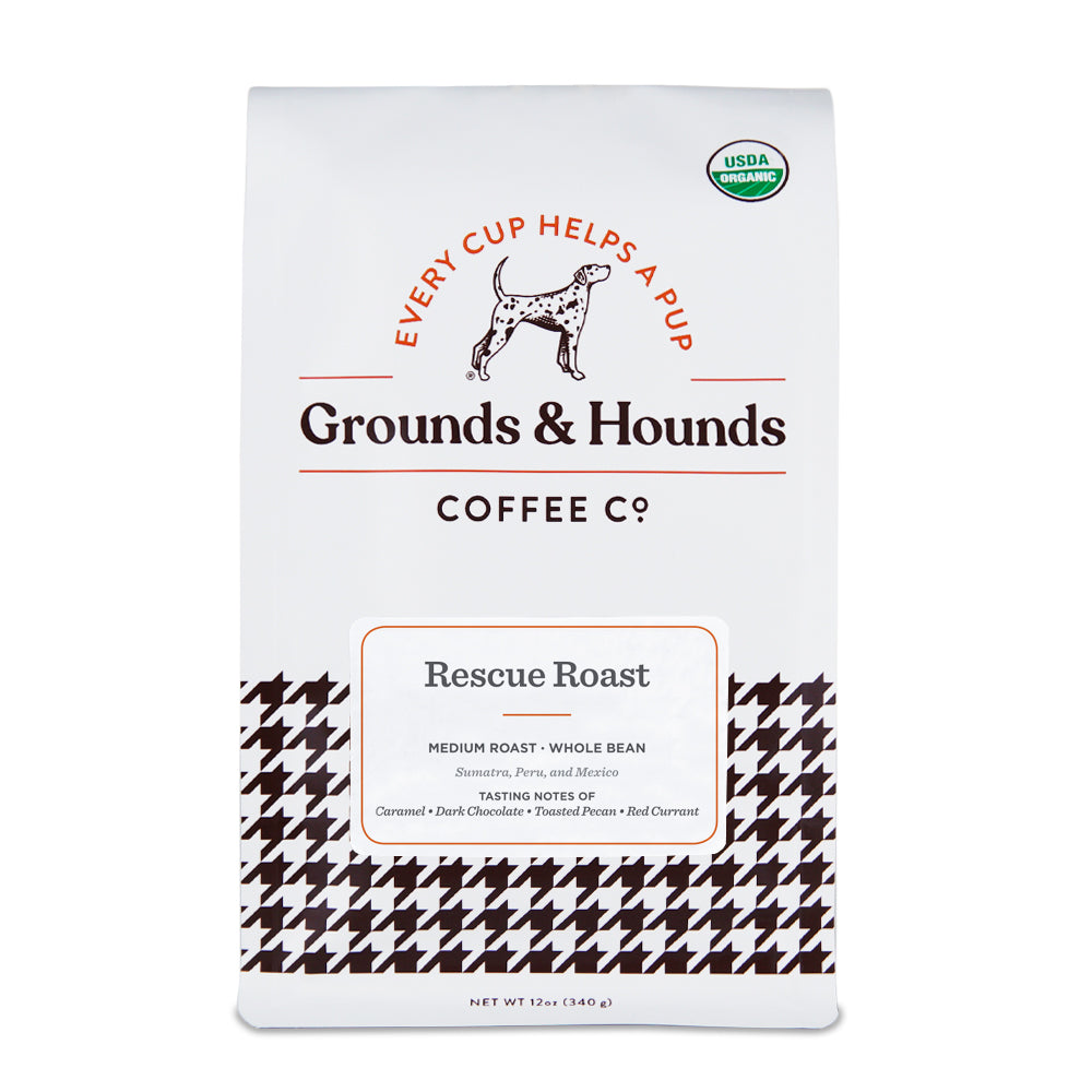 12 ounce Rescue Roast medium roast coffee bag with houndstooth print