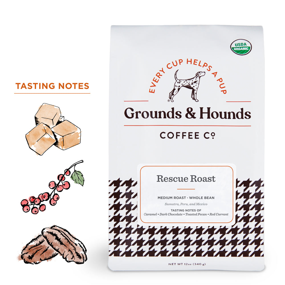 12 ounce Rescue Roast medium roast coffee bag with houndstooth print