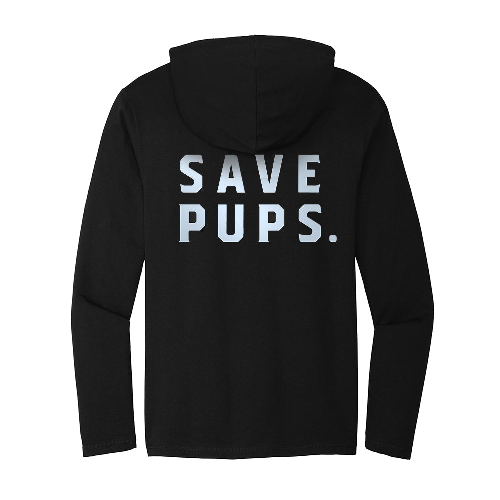 black long sleeve hooded t-shirt with save pups in large letters on back 