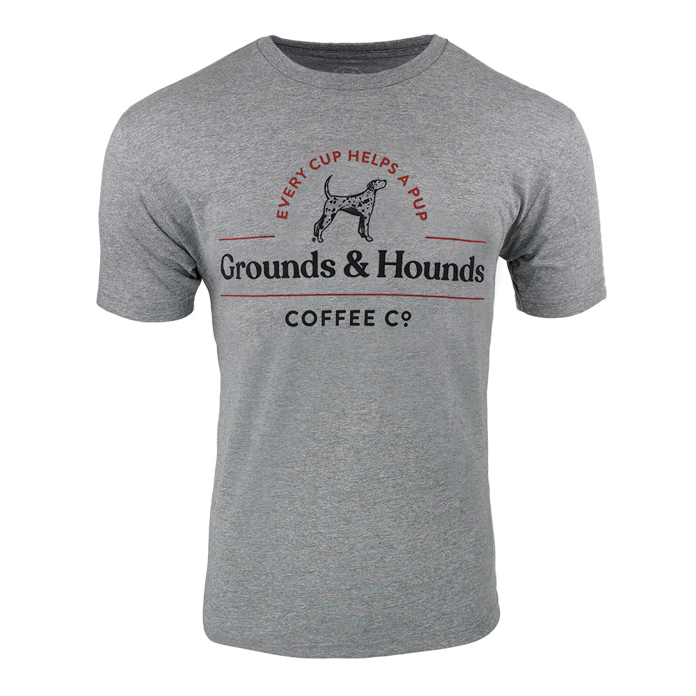 Heather grey t-shirt with large Grounds &amp; hounds logo on front