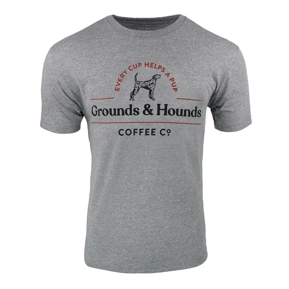 Heather grey t-shirt with large Grounds & hounds logo on front