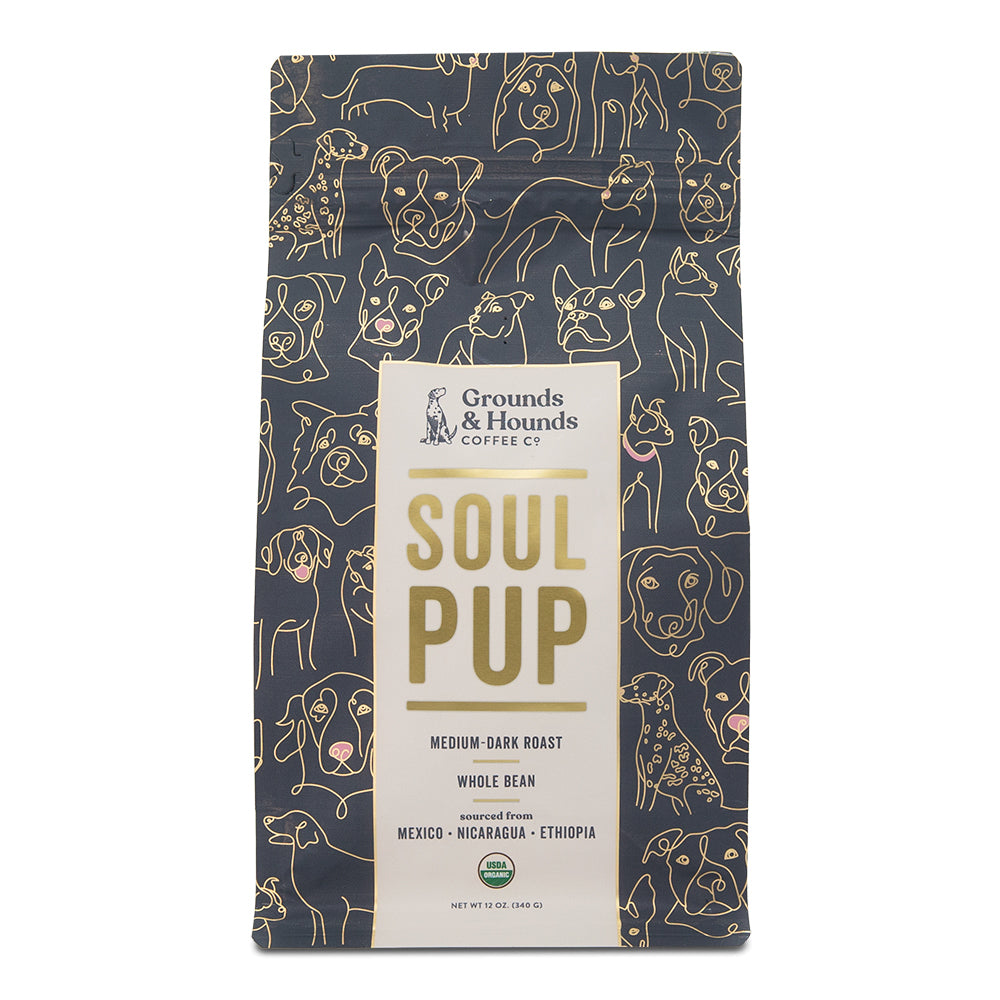 12 ounce bag of Soul Pup medium-dark roast coffee with blue and gold design