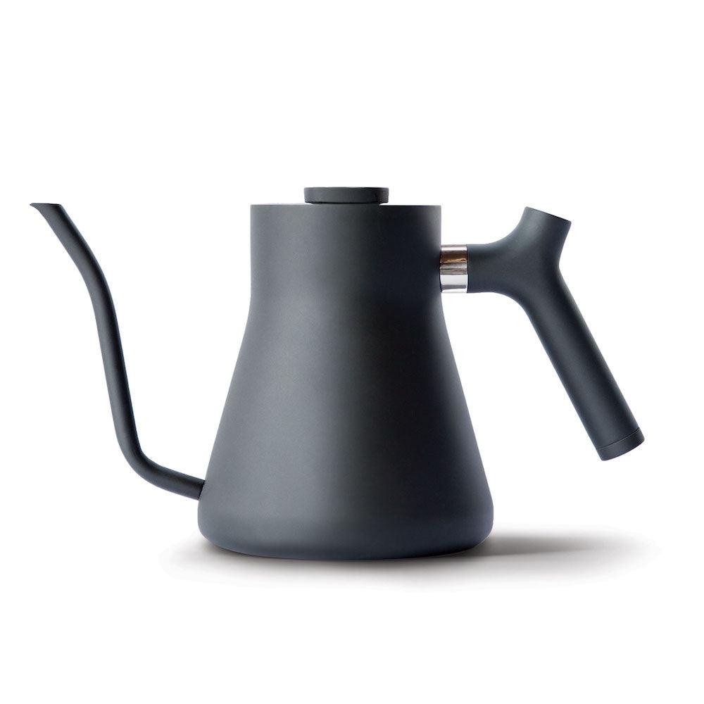 gooseneck kettle with black handle and matte black body