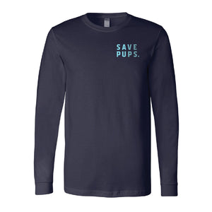 Navy blue long sleeve t-shirt with save pups logo on front chest 