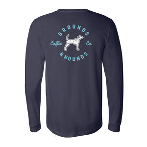 Navy blue long sleeve t-shirt with grounds & hounds logo on back 