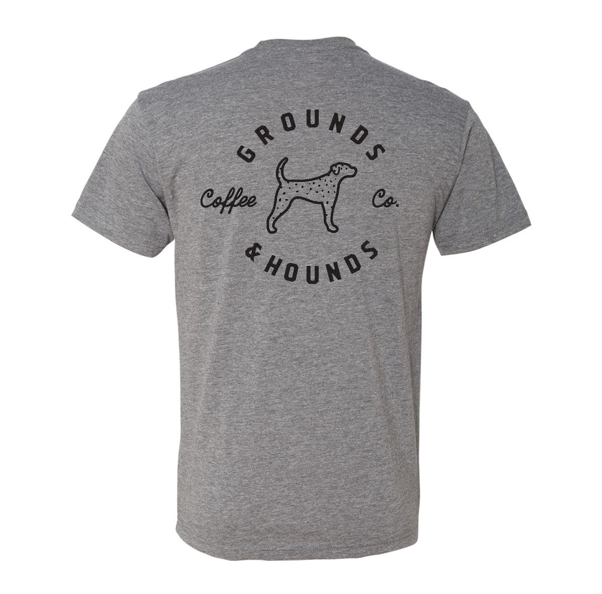 heather grey t-shirt with Grounds &amp; Hounds design and dog