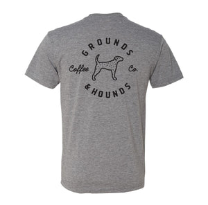heather grey t-shirt with Grounds & Hounds design and dog