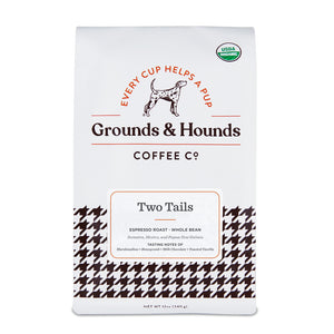 Espresso bag of coffee labeled Two Tails