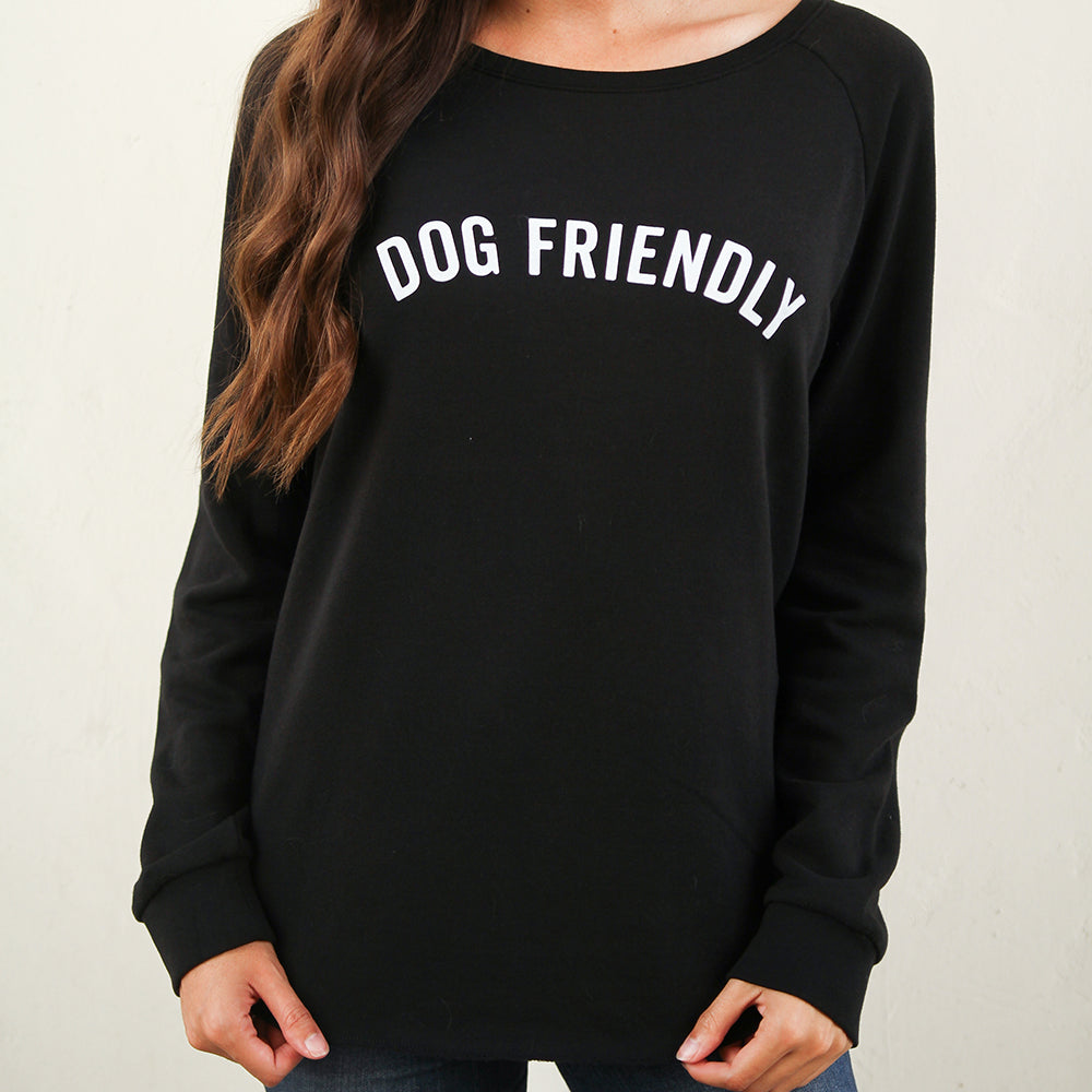 black pullover sweatshirt with dog friendly text