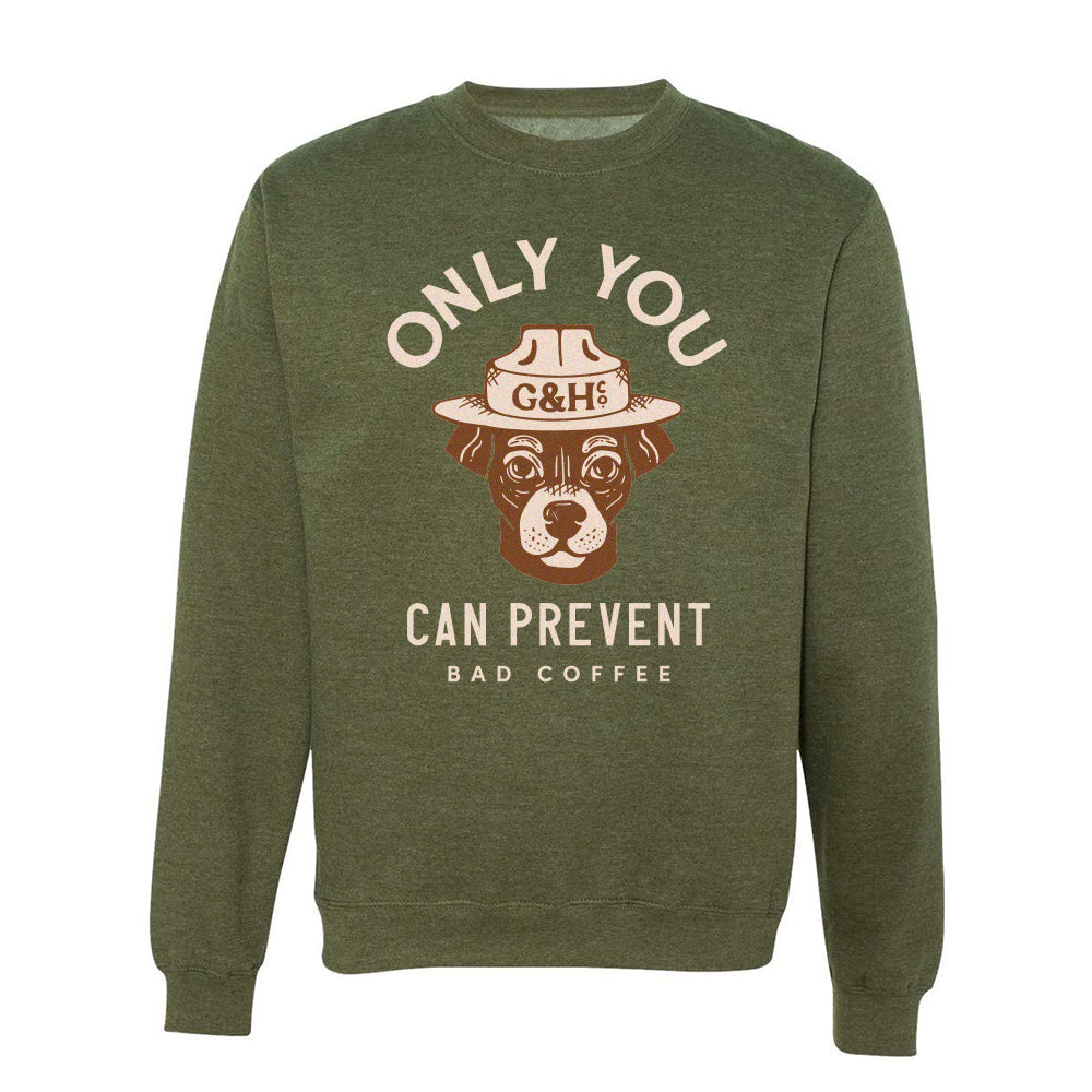 olive green crewneck sweatshirt with brown dog design