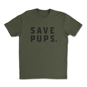Army green t-shirt with save pups text in black across chest