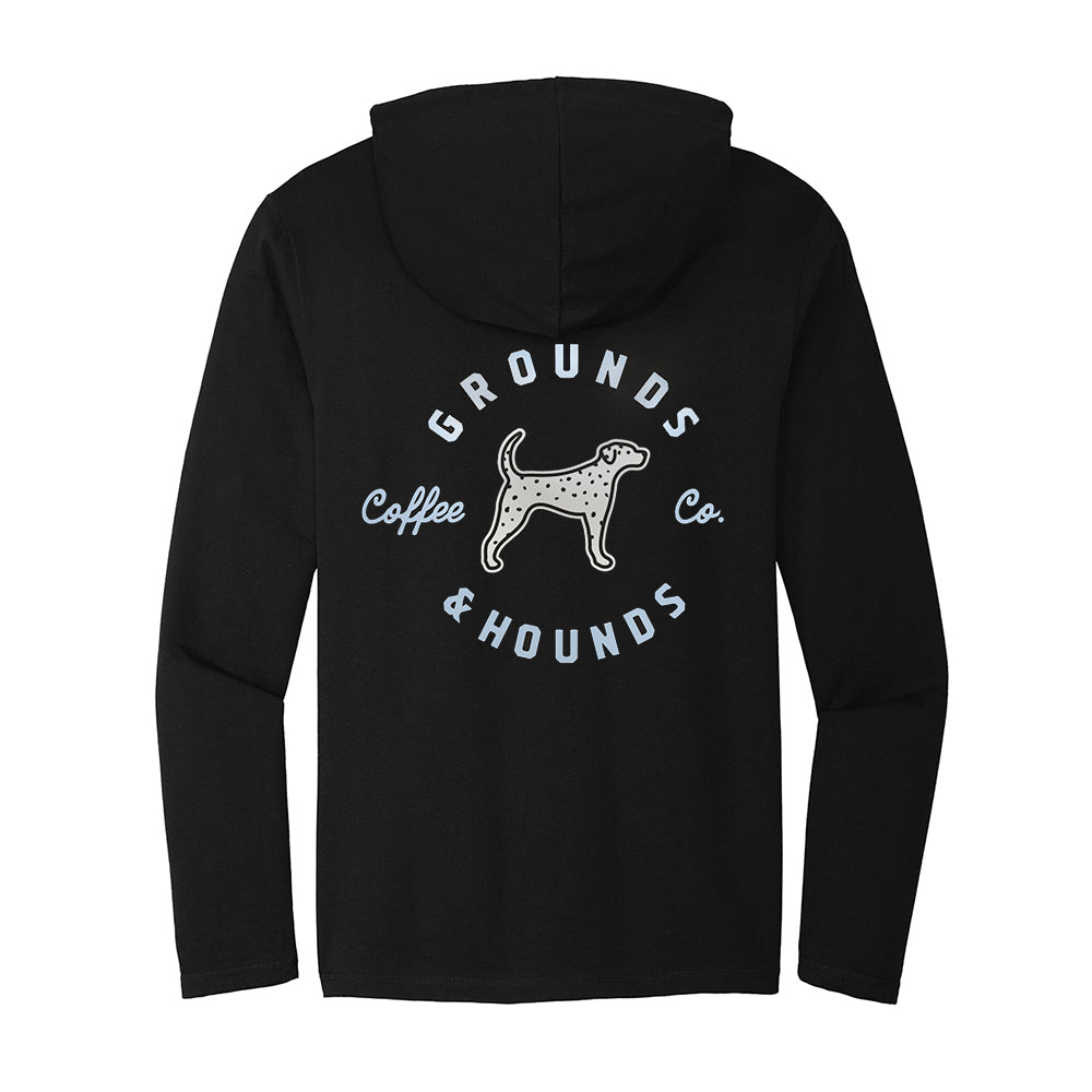 black long sleeve hooded t-shirt with grounds & hounds logo on back 