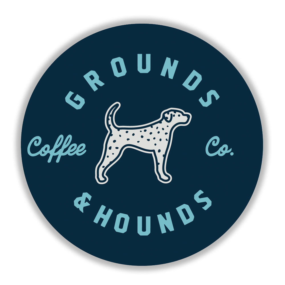 round navy sticker with Grounds &amp; Hounds logo with dog